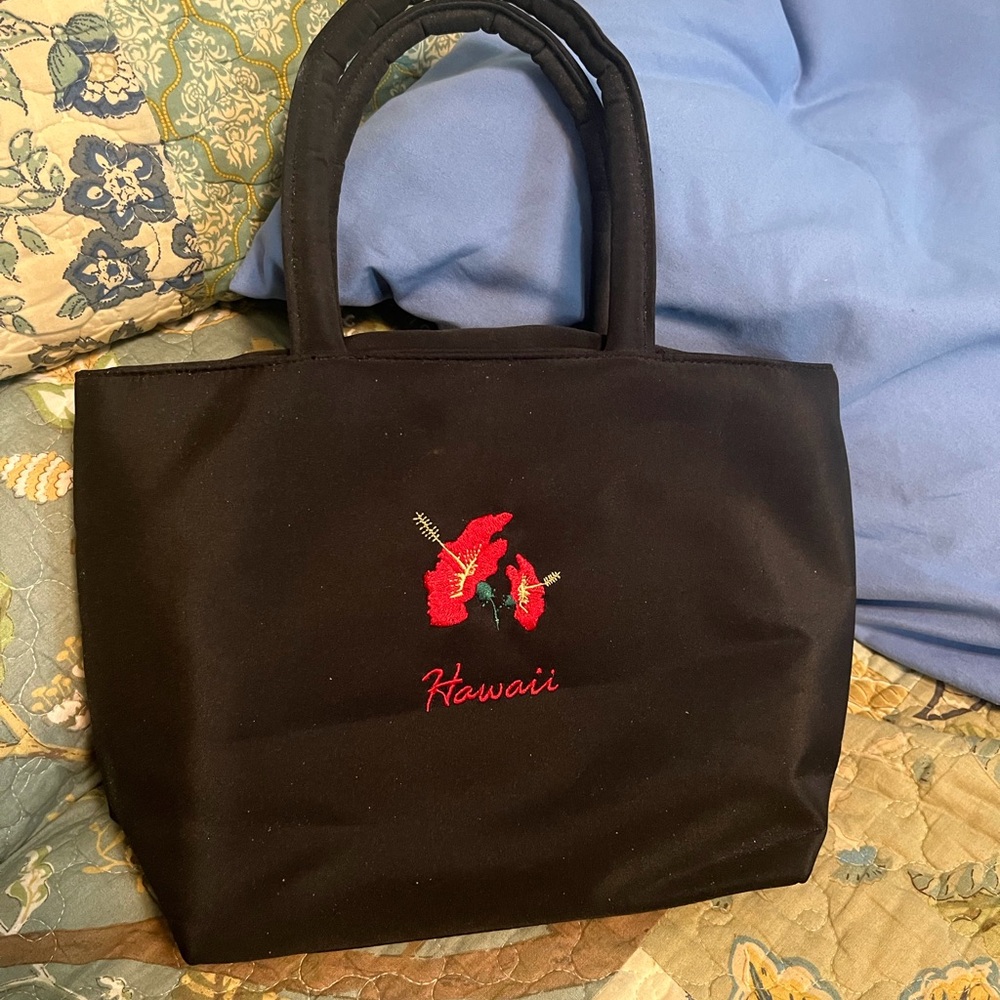 Black Tote Bag with Red Hibiscus Embroidery - Hawaii Accent